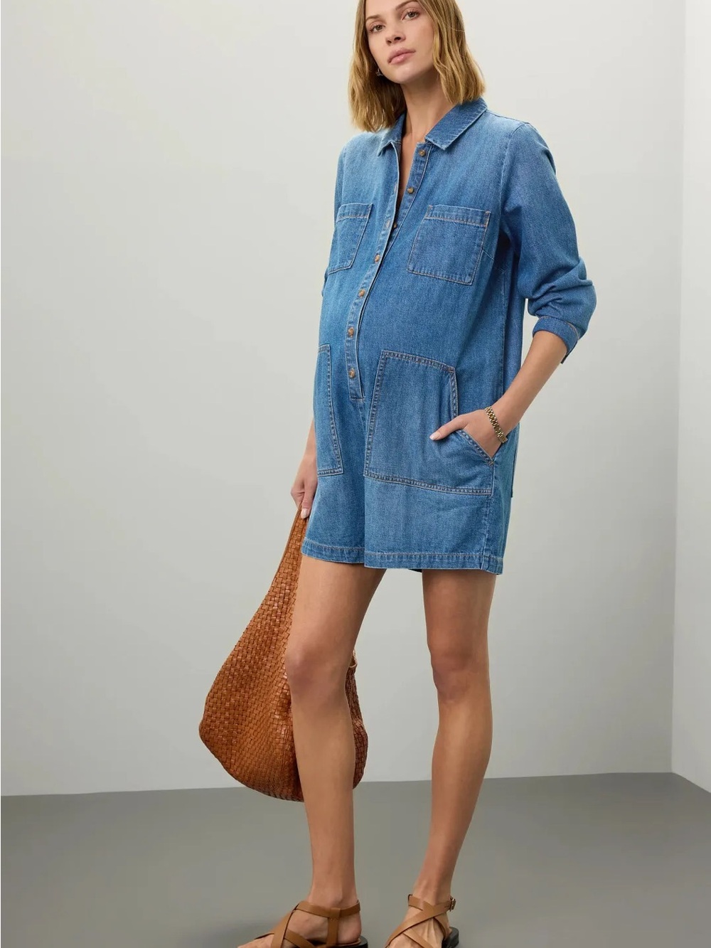 Hatch Denim Maternity Longsleeve Utility Romper, Medium Blue, Women's Sz 0, $228